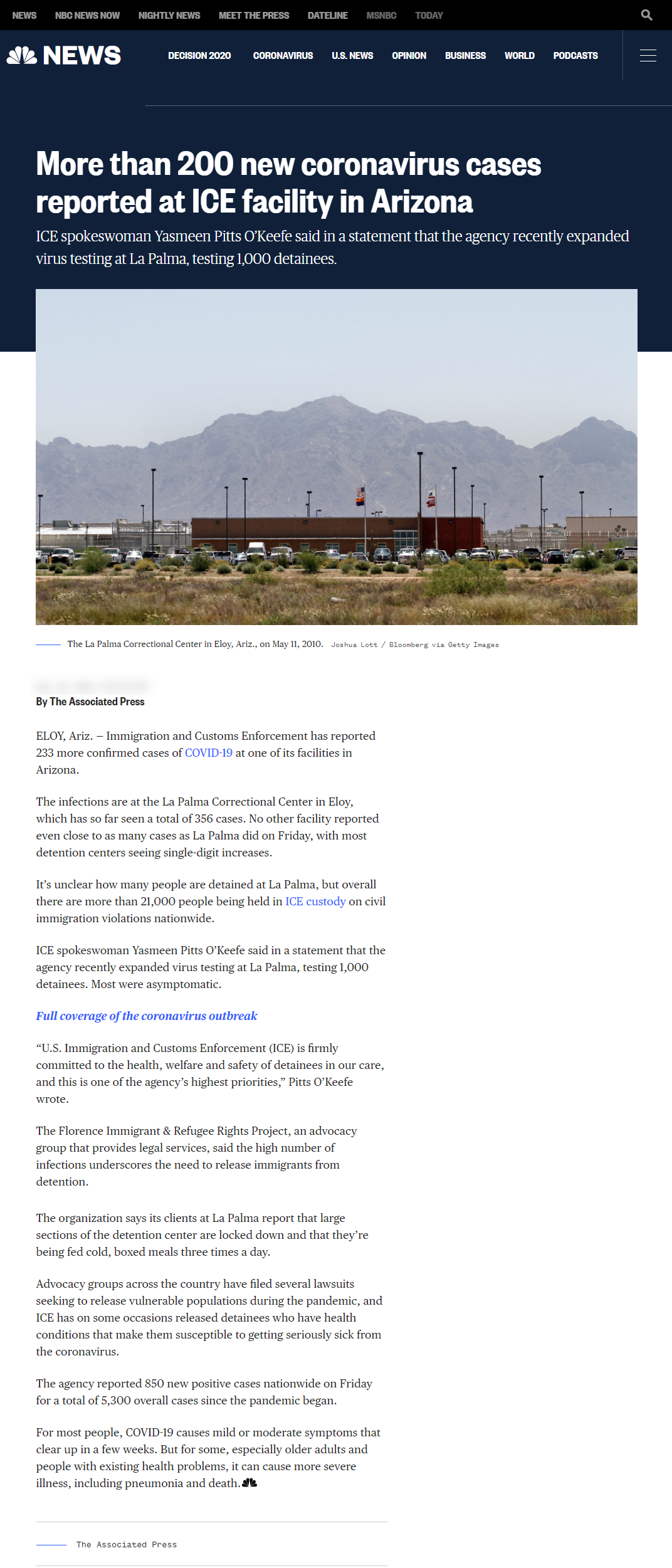 NBC News article titled, "More than 200 new coronavirus cases reported at ICE facility in Arizona"