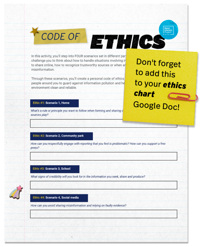 Code of Ethics document with a paperclipped note saying: "Don't forget to add this to your ethics chart Google doc!"