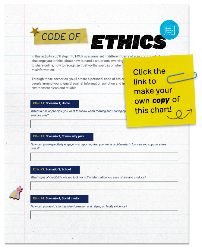Code of Ethics document with a note paperclipped on the side that says: "Click the link to make your own copy of this chart!"